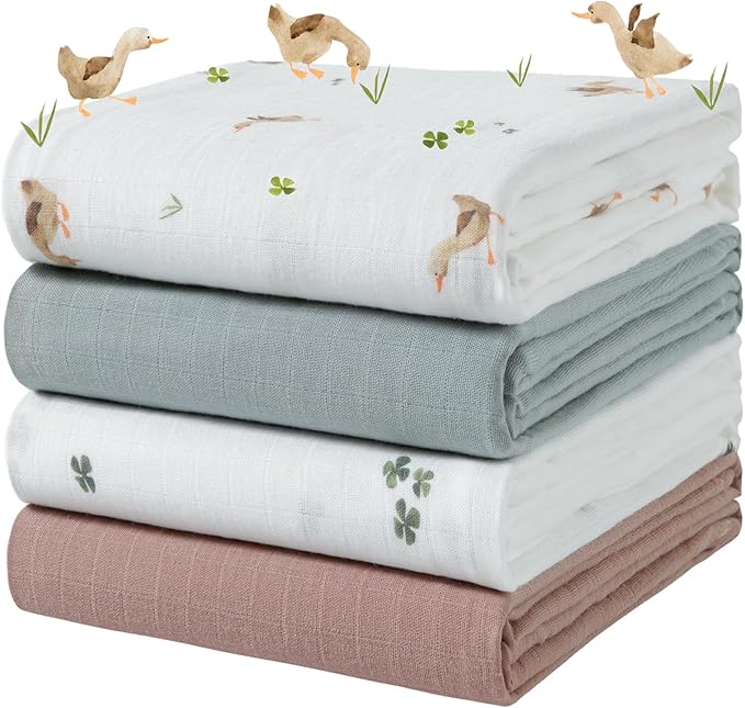 POMISO Muslin Swaddle Blankets for Boys & Girls, Newborn Receiving Blankets, 4 Pack Soft Breathable Baby Swaddles, Large 47x47 Inches, Adorable Ducklings
