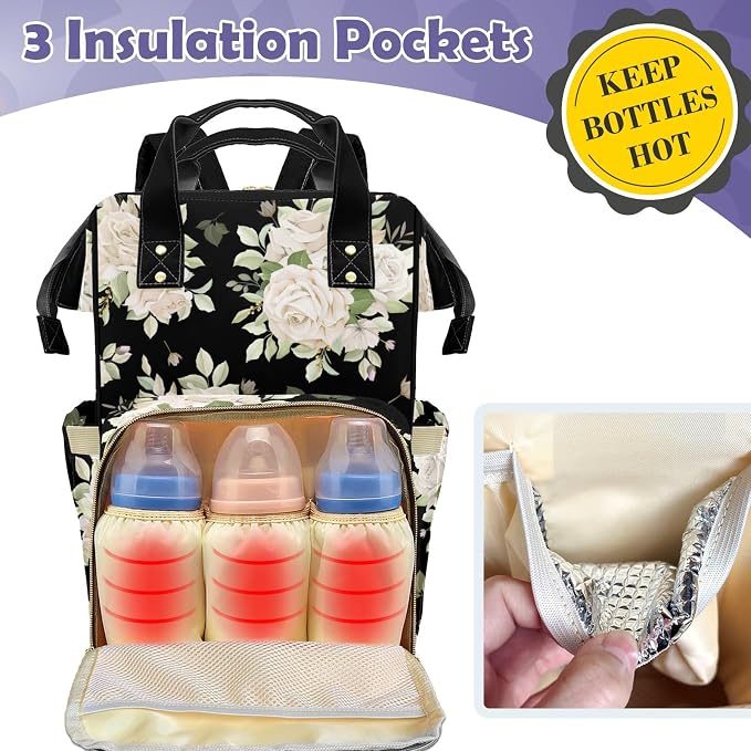 Custom Diaper Change Backpack, Large Capacity Floral Baby Bag, Personalized Multifunction Mommy Backpack With Insulated Pockets, For Boys & Girls
