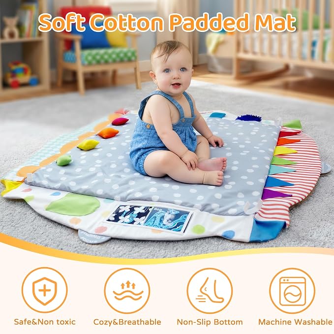 Kizfarm Baby Play Gym Mat, 5 Developmental Zones Wooden Tummy Time Mat, Baby Activity Mat with 5 Detachable Sensory Toys, Stage-Based Development from Newborn Infant, Baby Essentials Shower Gift
