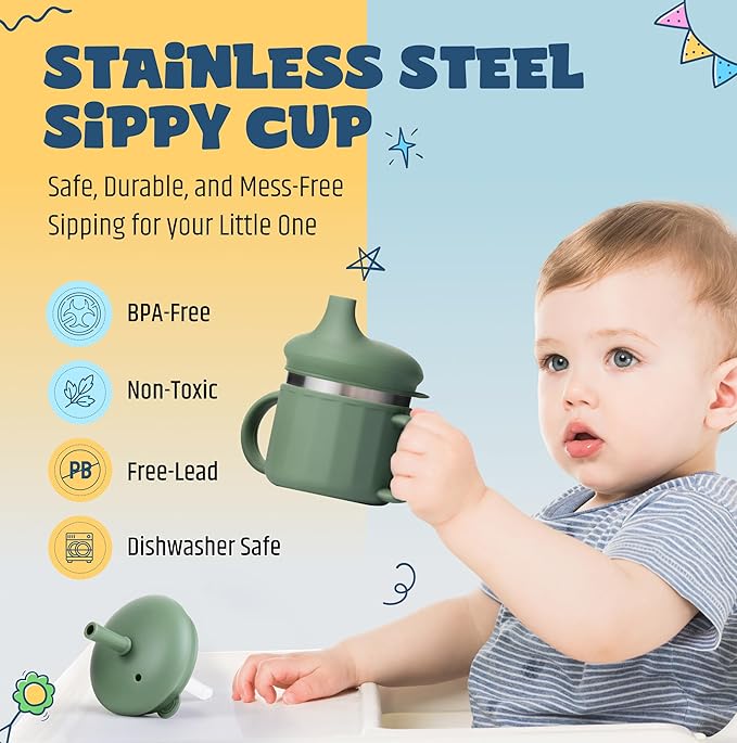 Jumble Dream Stainless Steel Sippy Cup, Silicon Training Stainless Steel Kids Cups with Straw, Toddler Tumbler with Spill Proof Straw |Sippy Cup for Toddlers 1-3 Years Old| BPA Free (Blue Moon)