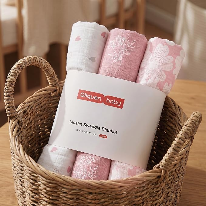 Muslin Swaddle Blankets for Newborn, 3-Pack Cotton Receiving Blankets, Large 40 x 38 inches, Baby Blankets for Boys and Girls, Wrap Burp Cloths, Pink Flower