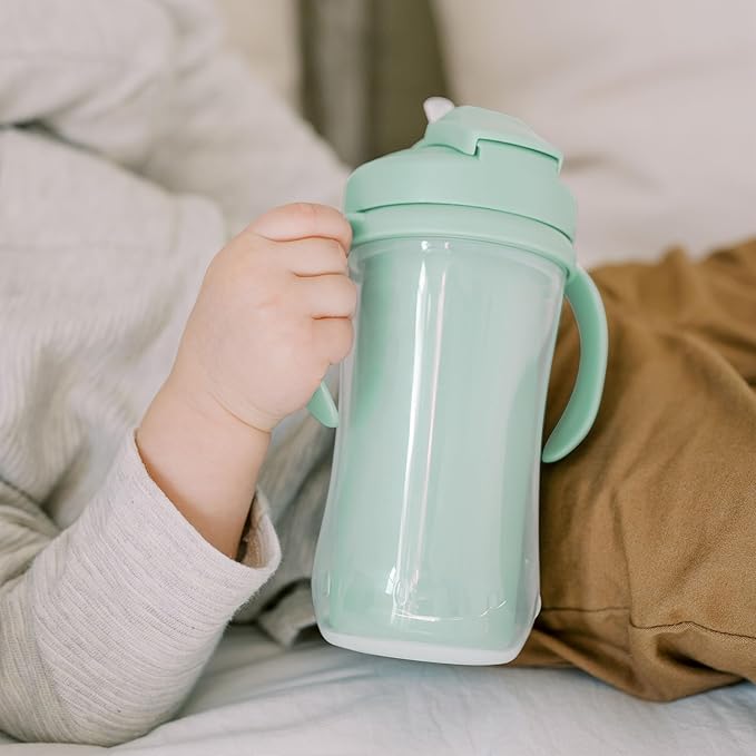 Dr. Brown's Milestones Insulated Sippy Cup with Straw and Handles, Spill-Proof Tumbler with Lid, 4-Pack, Green/Blue/Green/Green, 10 oz/300 mL, BPA Free, 12m+