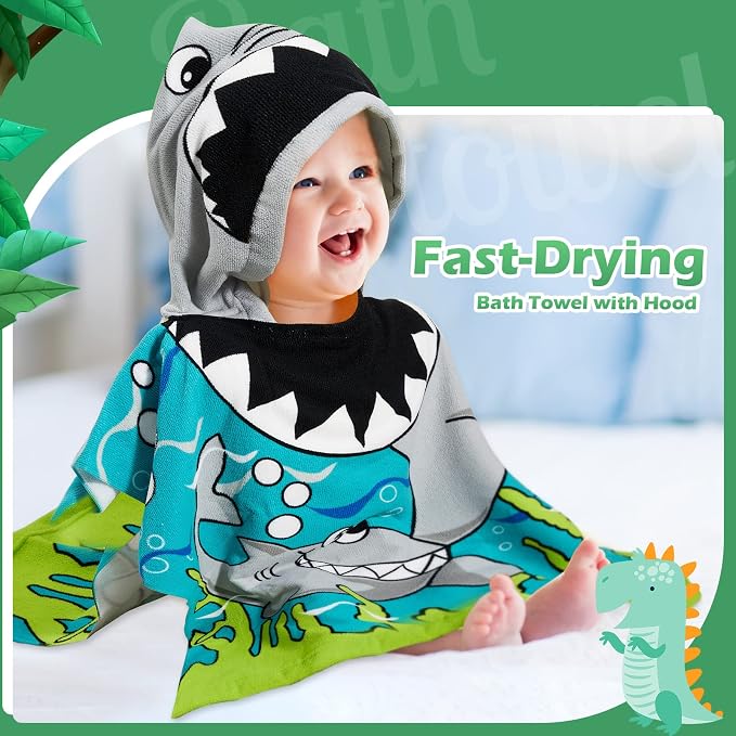 Chumia 3 Pack Kids Hooded Beach Poncho Towels Toddler Swim Pool Bath Towels with Hood Thicker Cotton Absorbent Cover up for Boys Girls Baby(59 x 30 Inch,Shark, Dinosaur)