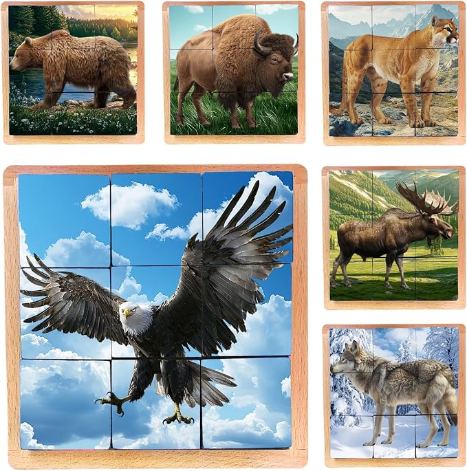 Wooden Cube Puzzle of Native North American Animals | Wooden Puzzles for Kids & Toddlers Ages 3 4 5 6 7 8