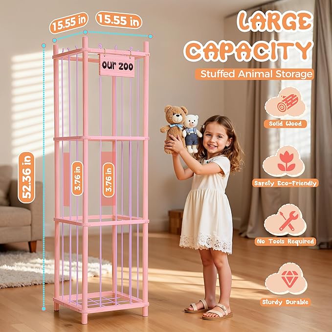 LAMU Stuffed Animal Storage, Wooden Zoo Stuffed Animal Holder with Elastic Cords, Space Save Toy Organizer, Extra Large Capacit Stuffed Animal Organizer for Playroom, Bedroom, Nursery, Pink