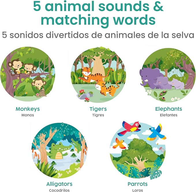 Binibi Bilingual Spanish Sound Board Book for Babies & Toddlers 1–3 – Jungle Animal Sound Buttons, Interactive Early Spanish Learning Board Book – Durable Gift
