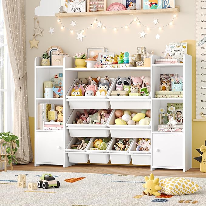 FOTOSOK Toy Storage Organizer with 8 Toy Bins, Toy Organizer Kids Bookshelf with 6 Storage Cubbies, Stuffed Animal Storage Organizer, Playroom Storage and Toy Chest, White