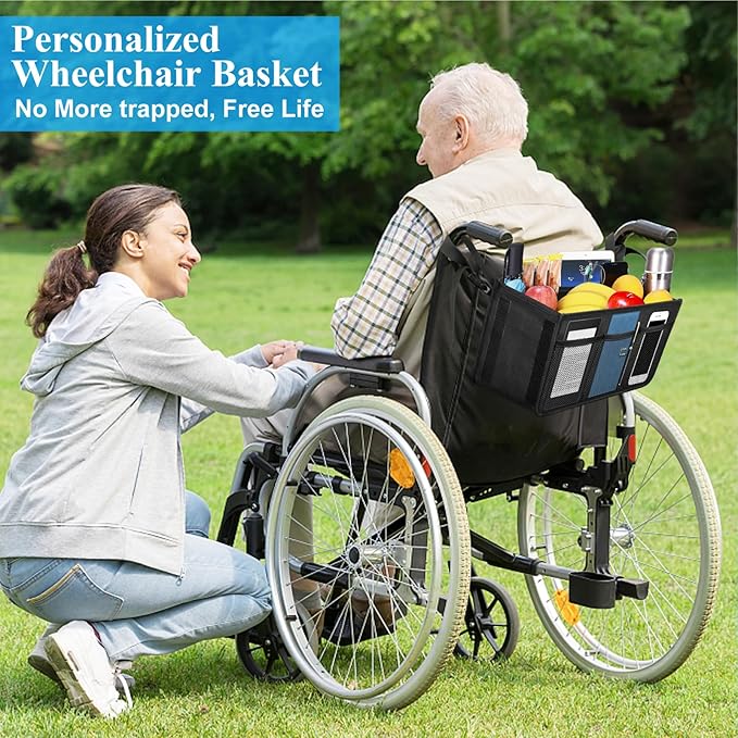 Dotday Wheelchair Basket for Back, Large Capacity Wheelchair Backpack Storage Bag with Cup Holder