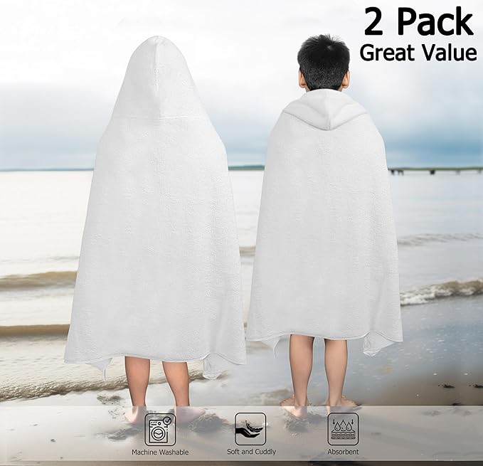 ORIGINAL KIDS Hooded Bath Towel Wrap - 2 Pack - Ultra Soft 100% Cotton Terry Large Oversized Hooded Kids Towel - Shower Pool Beach - 579 GSM Absorbent Quick Dry Plush Gift - 30 x 54 - White