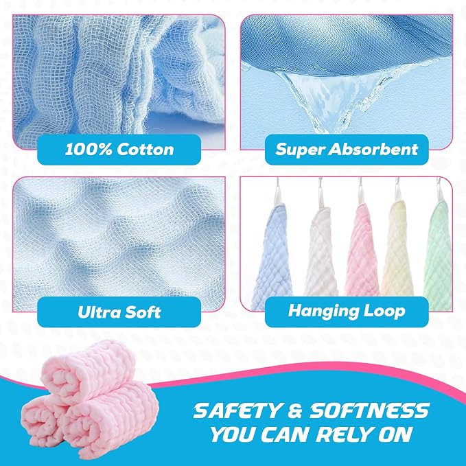 10 Pack Soft Muslin Unisex Baby Washcloths for Daily Use, 100% Cotton Set for Delicate Skin. Soft and Super Absorbent, Newborn Baby Essentials and Baby Registry,12x12 Inches (Pink)