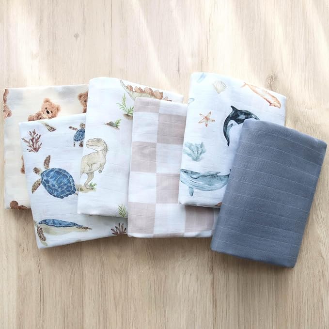 LifeTree Muslin Swaddle Blankets, Baby Swaddling Wrap Nursery Receiving Blanket for Boys & Girls, Soft 70% Viscose from Bamboo and 30% Cotton, Large 47 x 47 inches, Sea Turtle & Solid Colors