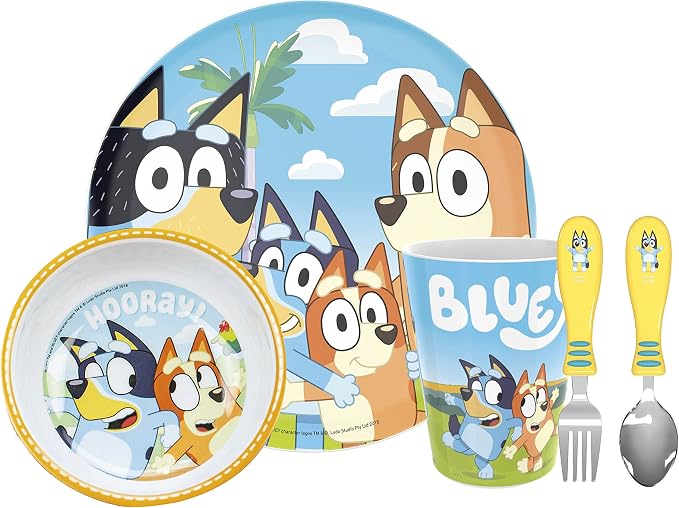 Zak Designs 5-Piece Dinnerware Set, Bluey - Durable Plastic & Stainless Steel - Includes Tumbler, 8-Inch Plate, 6-Inch Bowl, Fork & Spoon - Suitable for Kids Ages 3+