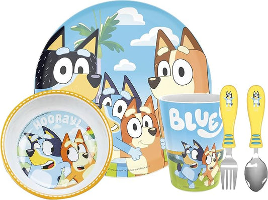 Zak Designs 5-Piece Dinnerware Set, Bluey - Durable Plastic & Stainless Steel - Includes Tumbler, 8-Inch Plate, 6-Inch Bowl, Fork & Spoon - Suitable for Kids Ages 3+