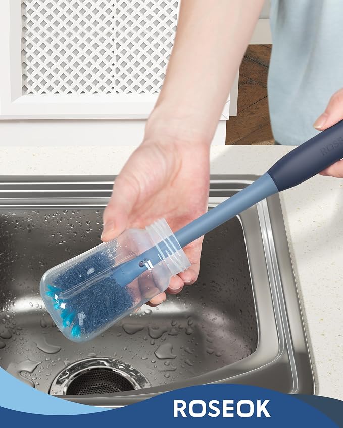 ROSEOK 2in1 Bottle Scrubbing Brush with Straw Brush has Long and Comfortable Handle, Cleaning Glass, Sports Bottle, Coffee Mug,2 Pack, Grayish Blue