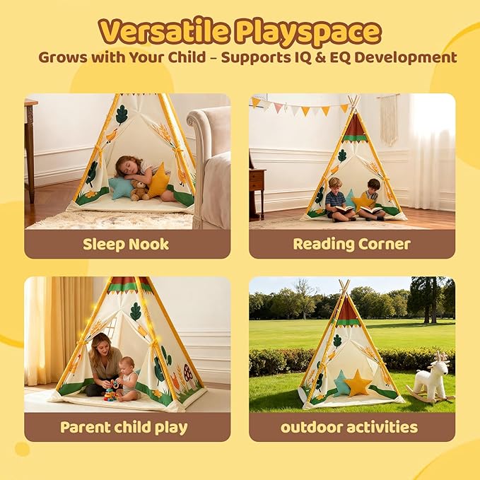 Teepee Tent for Kids, Play Tent with Padded Mat & Star Lights, Indoor Play Tent for Girls & Boys, Pastoral Chicken