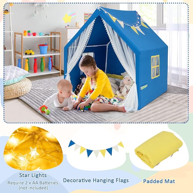 HONEY JOY Kids Tent, Large Kids Play Tent w/Washable Padded Mat, Star Lights, Flags, Windows & Storage Pocket, Indoor Outdoor Toddler Playhouse, 48” x 42” x 50”, Tent for Kids Boys Girls