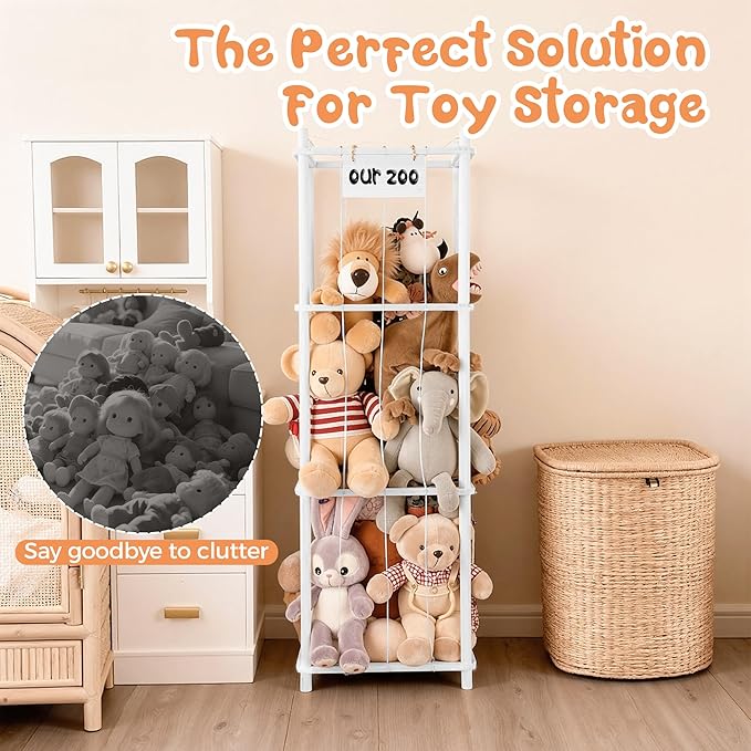 LAMU Stuffed Animal Storage, Wooden Zoo Stuffed Animal Holder with Elastic Cords, Space Save Toy Organizer, Extra Large Capacit Stuffed Animal Organizer for Playroom, Bedroom, Nursery, White