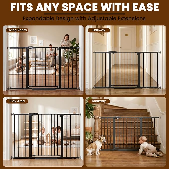 Mumeasy 36" Extra Tall Baby Gate for Stairs, 29.7-54.2" Wide Dog Gate for Doorways, Walk Thru Pet Safety Gate for Indoor, Pressure Mounted with Auto Close, Easy Install No Drill for Toddlers, Black