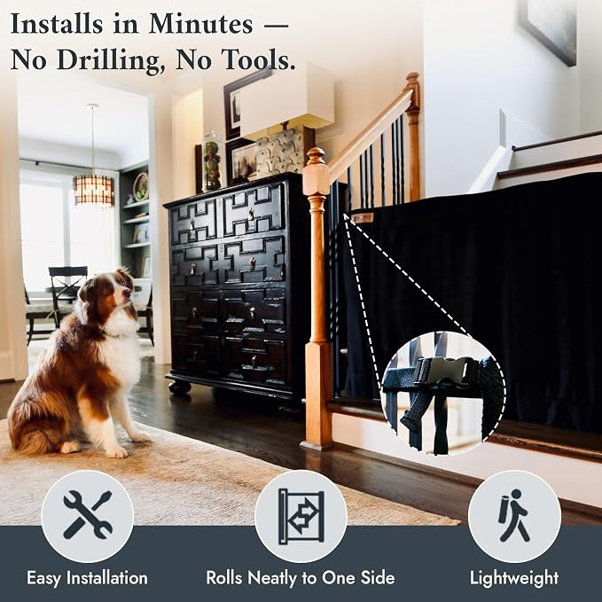 The Stair Barrier First Fabric Banister to Banister Baby Gates for Stairs 36”–42” Wide x 32” Tall– No Drill Baby Gate for Top or Bottom Staircase, Machine-Washable Climb Proof, Designed in USA, Black