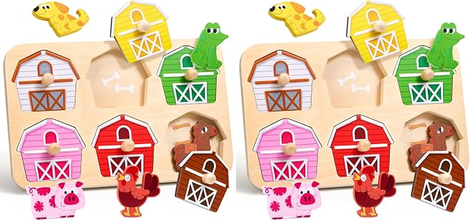 JoyCat Wooden Puzzles for Toddlers 1-3, Montessori Toys for 1 2 Year Old Boy Girl Birthday, Animal Match Farm Peg Puzzles, Preschool Learning Toys for Toddlers Age 1-2 (Pack of 2)