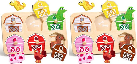 JoyCat Wooden Puzzles for Toddlers 1-3, Montessori Toys for 1 2 Year Old Boy Girl Birthday, Animal Match Farm Peg Puzzles, Preschool Learning Toys for Toddlers Age 1-2 (Pack of 2)