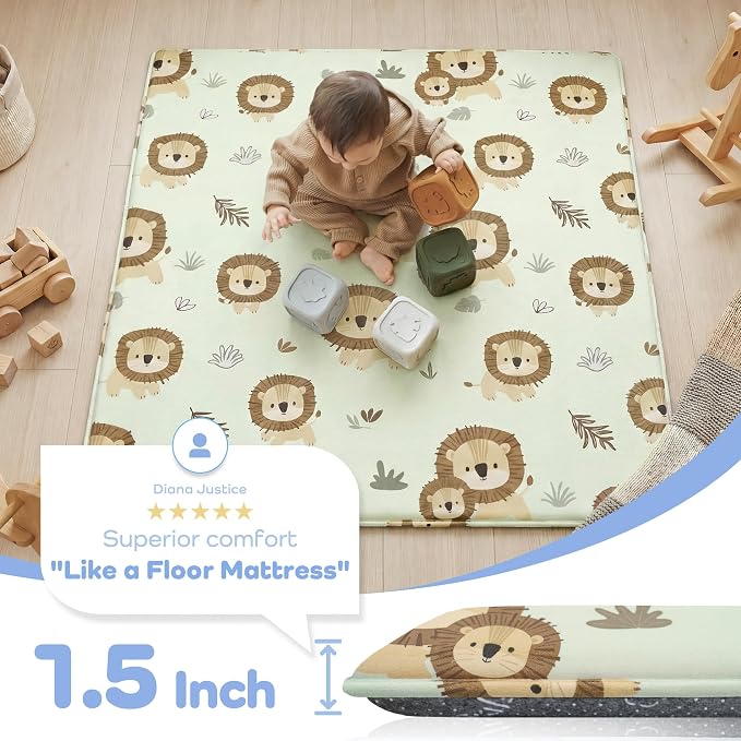 1.5" Thick Premium Baby Floor Play Mat, 71x79 Over-Sized Padded Memory Foam Mat, Tummy Time Crawling Playmat for Nursery Kids Playroom, Lion