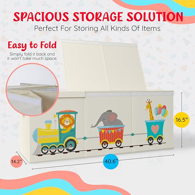 Extra Large Collapsible Sturdy Toy Storage Organizer with Lids, Animal Train Toy Box for Boys Girls, 40"x16"x16", Modern, Beige