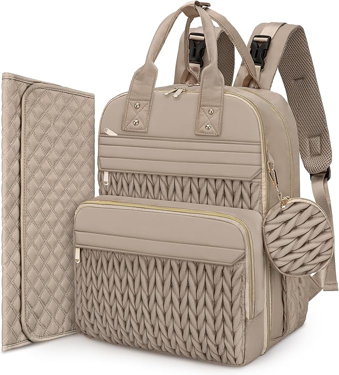 CandyHome Diaper Bag Backpack, Waterproof Stylish Baby Bag with Changing Pad, Large Capacity Travel Essentials Baby Diaper Bag with USB Port, Stroller Straps & Pacifier Case (Khaki)
