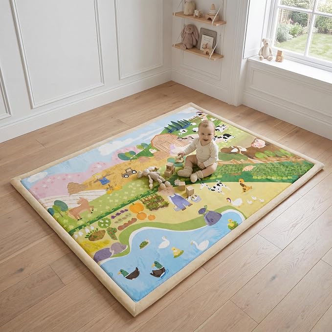 1.5" Thick Educational Large Baby Floor Play Mat 79x118, Flannel Padded Memory Foam Kids Mat, Non-Slip Plush Playmat for Nursery Playroom Classroom (Farm)