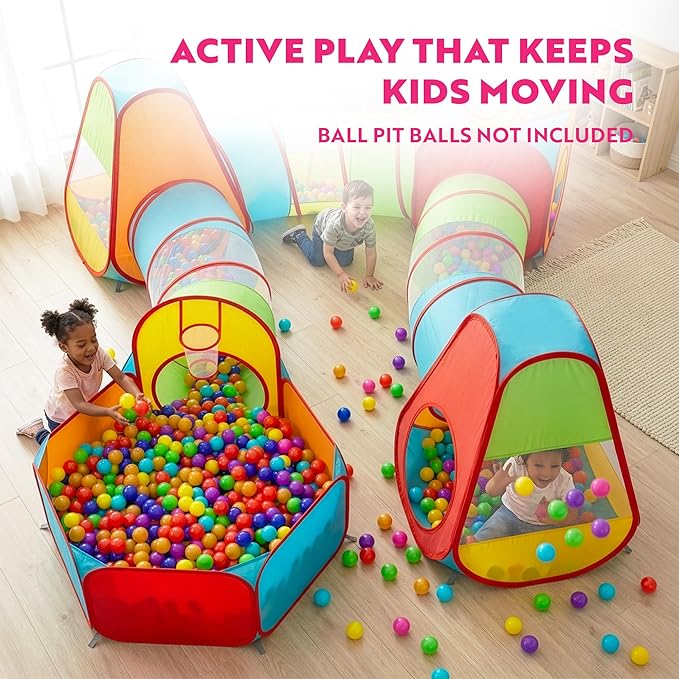 Playz 7pc Kids Play Tent with 1 Big Ball Pit for Babies, 3 Play Tunnel for Toddlers, and 3 Pop Up Tents Playhouse Bundle, Best Birthday Gift for Boys & Girls, Indoor & Outdoor Use Portable Play Center