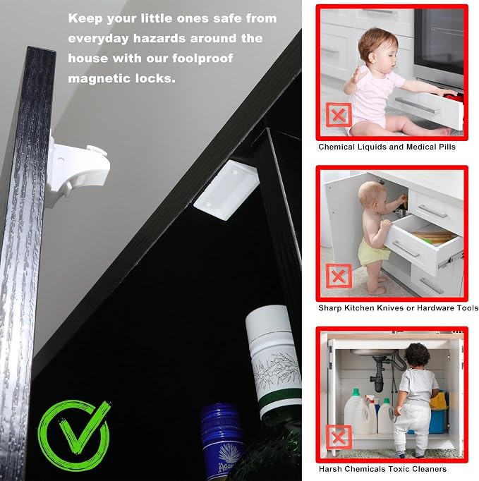 2 Pack Magnetic Cabinet Locks Baby Proofing Child Safety Cupboard Drawer Latches. (Includes Spare Adhesive for Reinforcement)