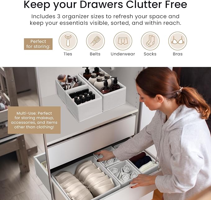 Reli. Drawer Organizer Clothes (14 Pack) | Organization for Dresser, Closet, Nursery, Baby Clothes | Foldable Fabric Dresser Dividers for Bra, Underwear, Socks (White)