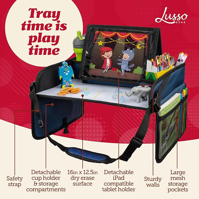 Lusso Gear Kids Travel Tray for Car - Road Trip Essentials for Kids - Car Seat Tray for Travel - Toddler Travel Lap Desk and Organizer - Holds Snacks, Water Bottle, Toys (Blue)