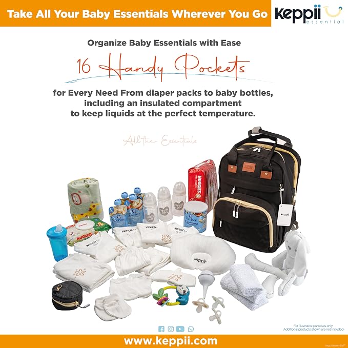 keppii essential™ 3-in-1 Diaper Backpack – Waterproof, USB Port, 16 Pockets & Changing Station | CPC Certified (Black)