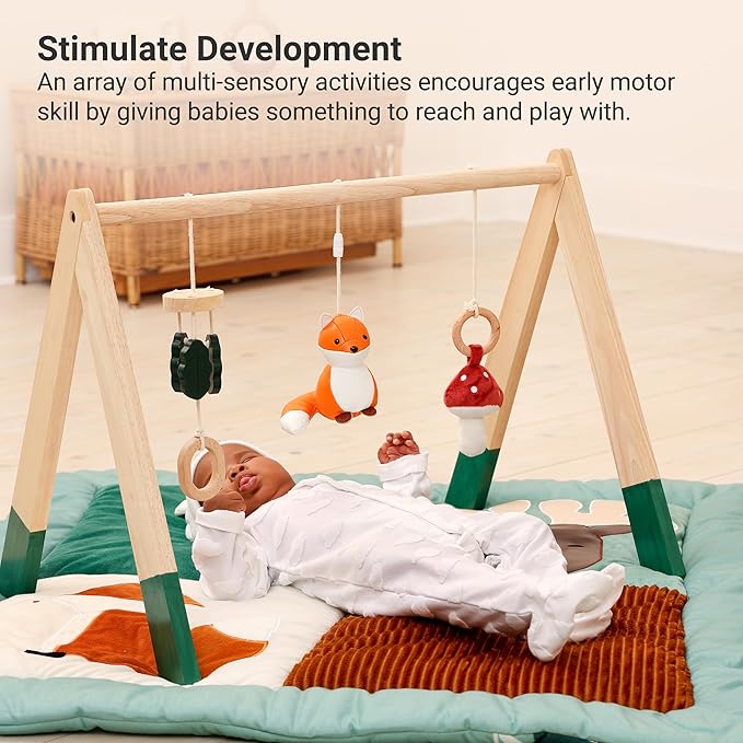 Little Big Friends Wooden Baby Activity Gym ??Montessori Play Gym for Babies | Encourages Motor Skills & Sensory Development | Includes Crinkle Fabrics, Wooden Chimes & Hanging Toys ??Forest