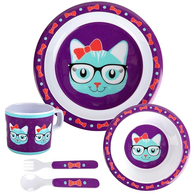 Bentology 5 Pc Mealtime Set for Kids - Kitty Cat Theme - Includes Raised Edge Plate & Bowl, Cup, Fork & Spoon - Dishwasher Safe, BPA Free - Cute Durable Dish, Easy Self-Feeding - Gift for Toddlers