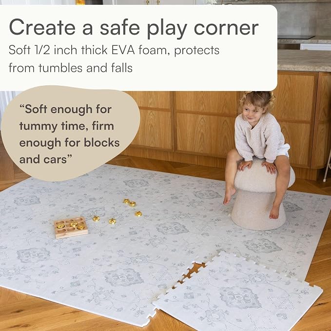 Lillefolk Baby Play Mat for Floor – 6x6ft Vintage Gray | PFAS Free Non Toxic Premium EVA Foam Tiles for Tummy Time, Crawling & Playpen – No Loose Edges Interlocking Mat for Babies & Toddlers (9 Tiles)