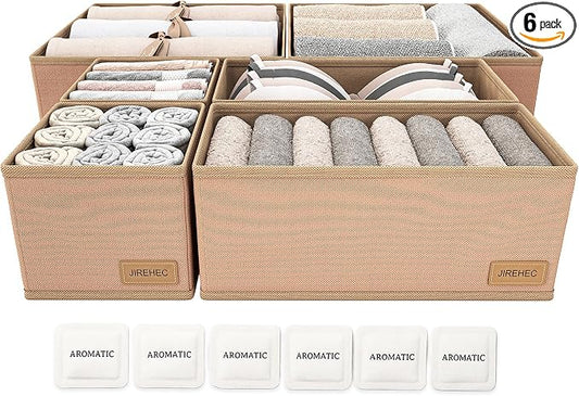 Clothes Organizer, Transform Your Drawers in Seconds - Cream Set of 6 Foldable Storage Boxes with Zipper, Durable 600D Fabric, Includes Fragrance Sachets, Ideal for Underwear, Socks, Baby Clothes