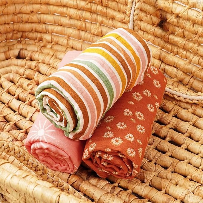 Muslin Swaddle Blankets for Baby Boys and Girls,3 Pack Breathable Soft Receiving Blanket,Large 43.3X 43.3 inches,Newborn Essentials Must Haves(Sun)