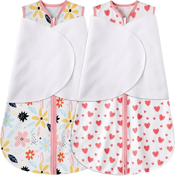 BSTOPPT Newborn Sleep Sack Baby Swaddle,3-6 Months,3-Way Adjustable Wearable Blanket,100% Rayon Cotton Swaddling Sleeping Bag，TOG 0.5（Heart&Floral）