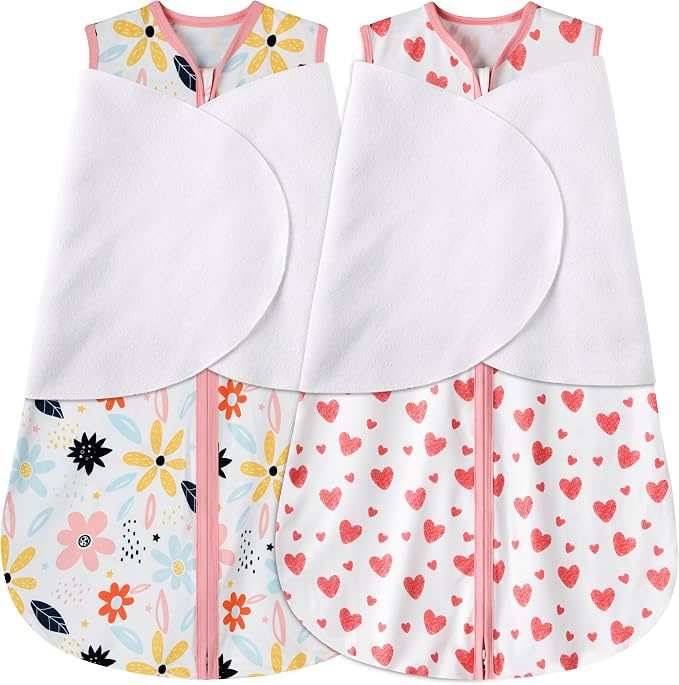 BSTOPPT Newborn Sleep Sack Baby Swaddle,0-3 Months,3-Way Adjustable Wearable Blanket,100% Rayon Cotton Swaddling Sleeping Bag，TOG 0.5（Heart&Floral）