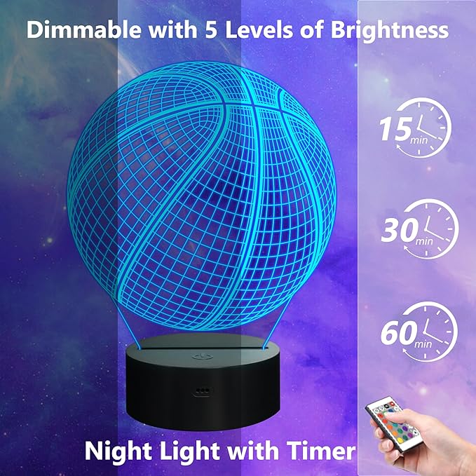 FULLOSUN Basketball 3D Night Light Birthday Gift, Light Up Basketball 3D Illusion Lamp with Remote Control 16 Colors, Mothers Father Gifts Changing Sport Fan Room Decoration Boy Girl