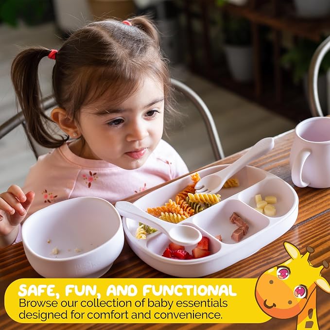 Baby Dinnerware Set by Muqee Peeko in a Sweet Lilac Color including Sets with Suction - Food Grade Silicone (5 Piece Set)