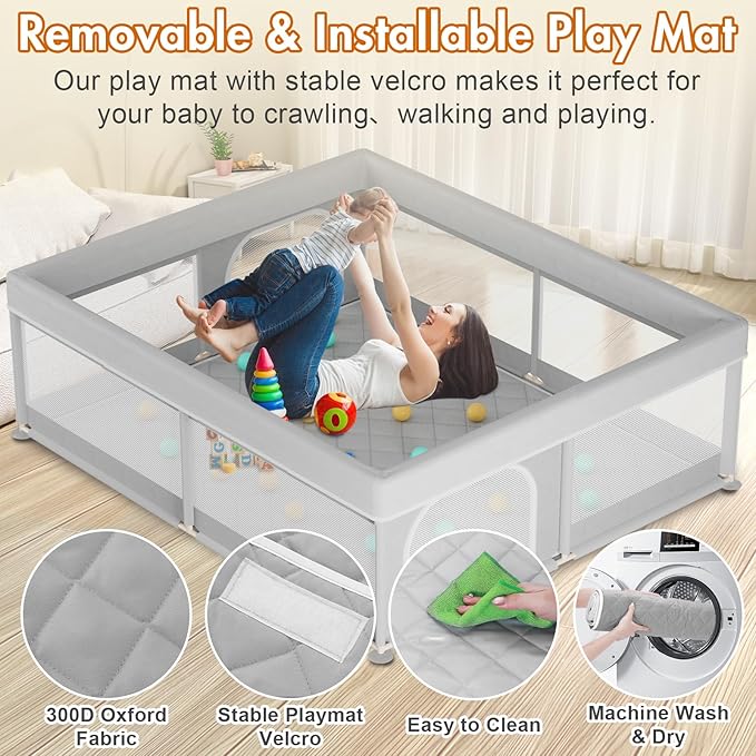 Omzer Baby Playpen with Mat 71x59inch: Large Playpen for Babies and Toddlers Indoor Safety Play Pen with Soft Breathable Mesh - All-Wrapped Sponge Sturdy Play Yard with Stable Mat Magic Sticker