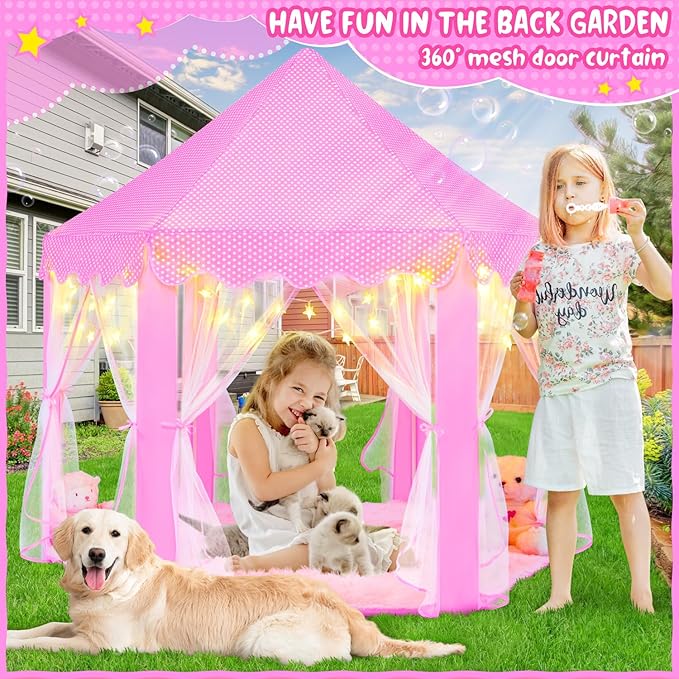 Pink Princess Tent for Girls With LED Small Star Lights, Castle Playhouse for Children Toddlers Indoor Outdoor Games, 5553 Inches