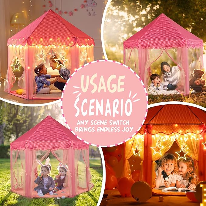 Princess Tent for Girls with Big Star Lights, Kids Playhouse Castle Play Tent, Birthday Girl Gift, Indoor Princess Game (Pink, Big Star Lights)