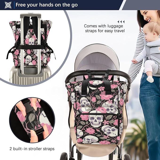 Geometric Skull Rose Diaper Bag – Large Capacity, Gift for Mom Dad