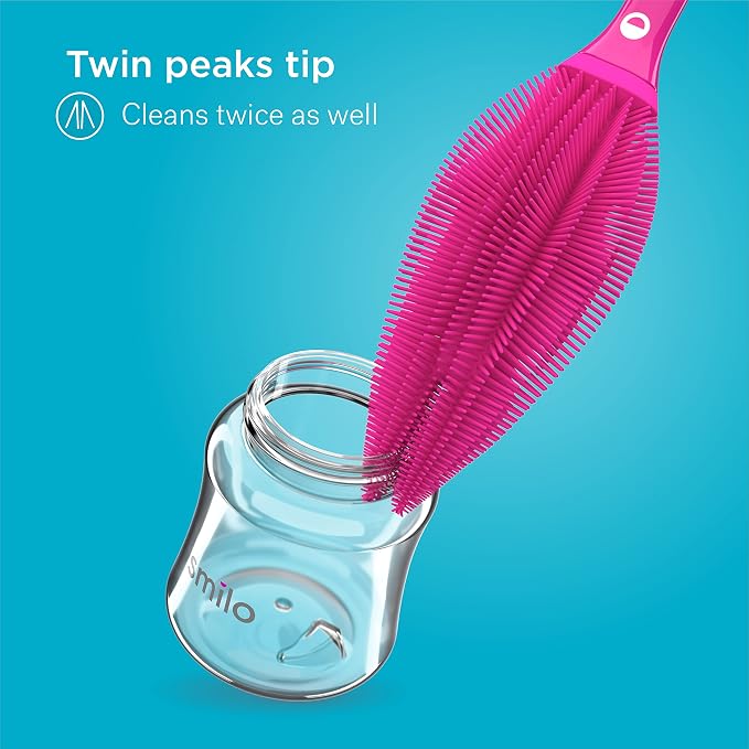 Smilo Silicone Baby Bottle Brush - Soft Touch Baby Bottle Cleaner with Flexible Twin Tip to get Cups, Glasses and Baby Bottles Extra Clean - Food-Grade Silicone, Dishwasher Safe & BPA-Free - Pink