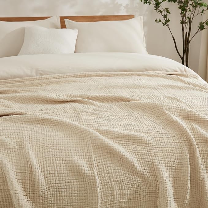 EMME Cotton Muslin Blanket Twin XL - 66"x90" Lightweight Breathable Beige Layering Bedspread Coverlet All Season Gauze
