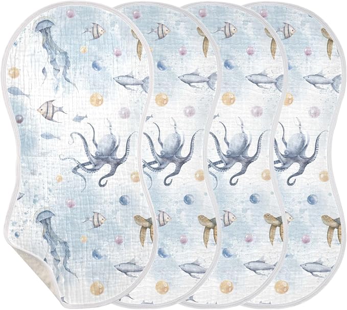 vvfelixl Muslin Burp Cloths Sea Turtle and Octopus Baby Washcloths for Baby Girl Boys 2 Pack
